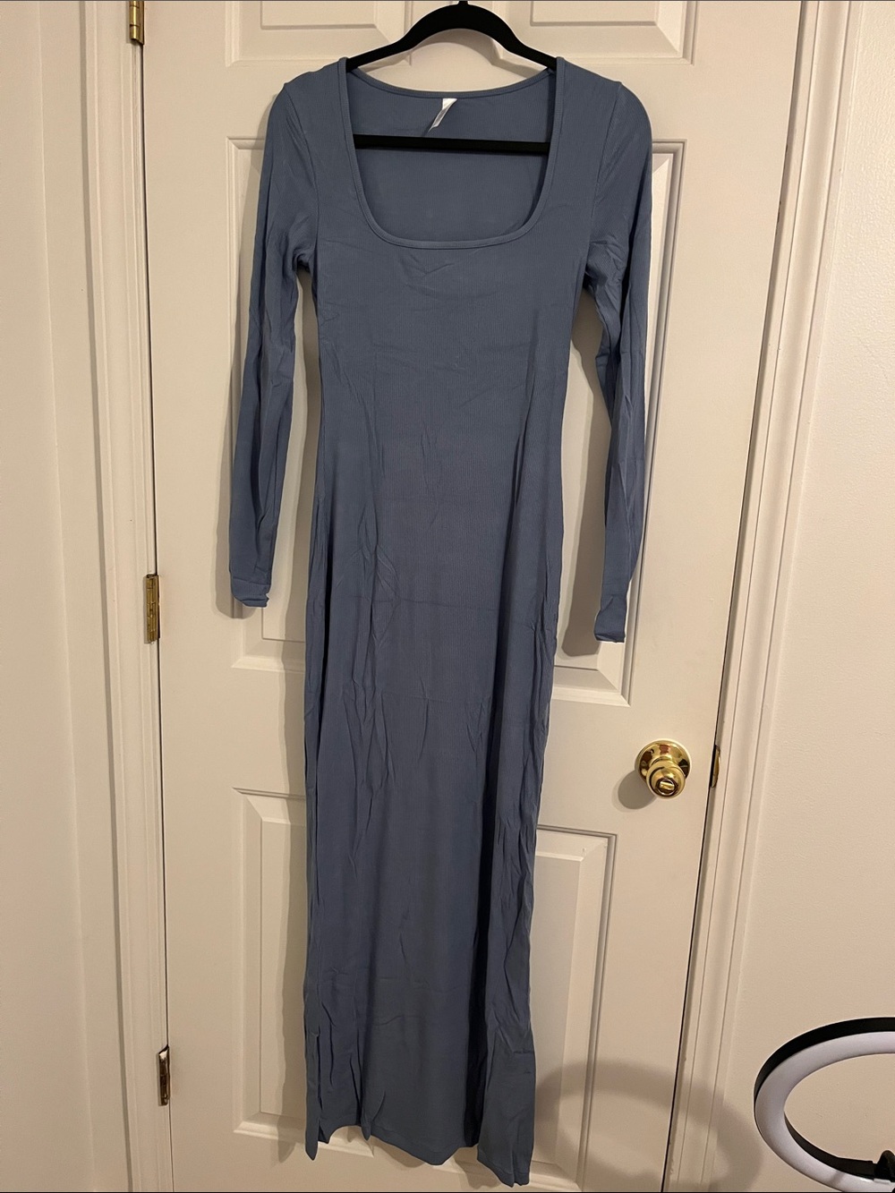 Long Sleeve Scoop Neck Maxi Dress in Dusty Blue